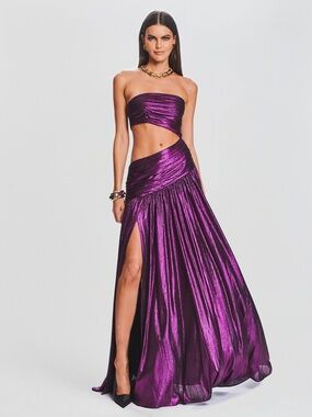 RETROFETE Kenna Metallic Purple Cutout Strapless Gown